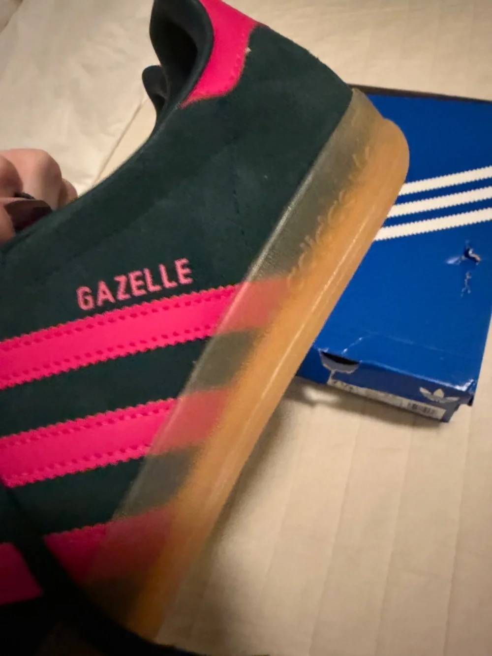 Adidas Gazelle Indoor Sneaker in Aurora Ivy / Shock Pink / Gum Size 7.5